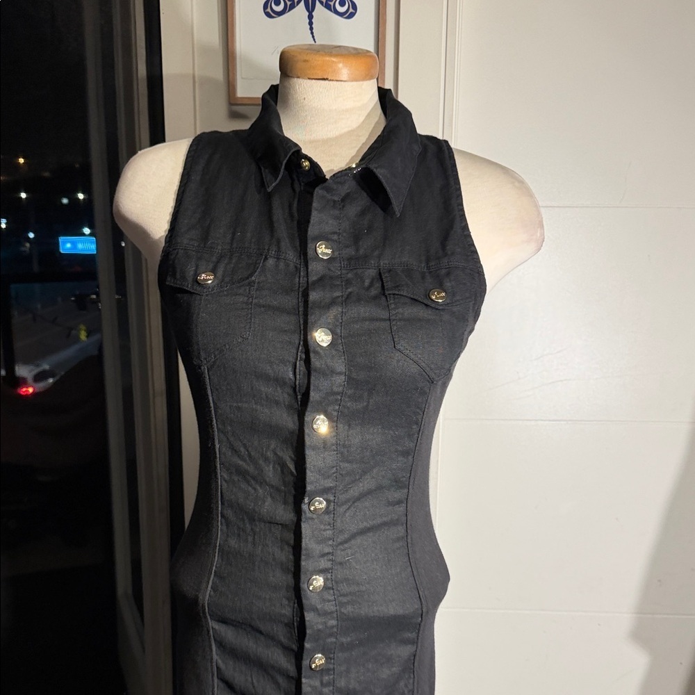 Vintage Y2K Guess Black Sleeveless Linen Dress - Picture 8 of 12
